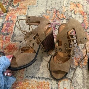 Free People Brown Heels with Strappy Design and Medium Block Heel